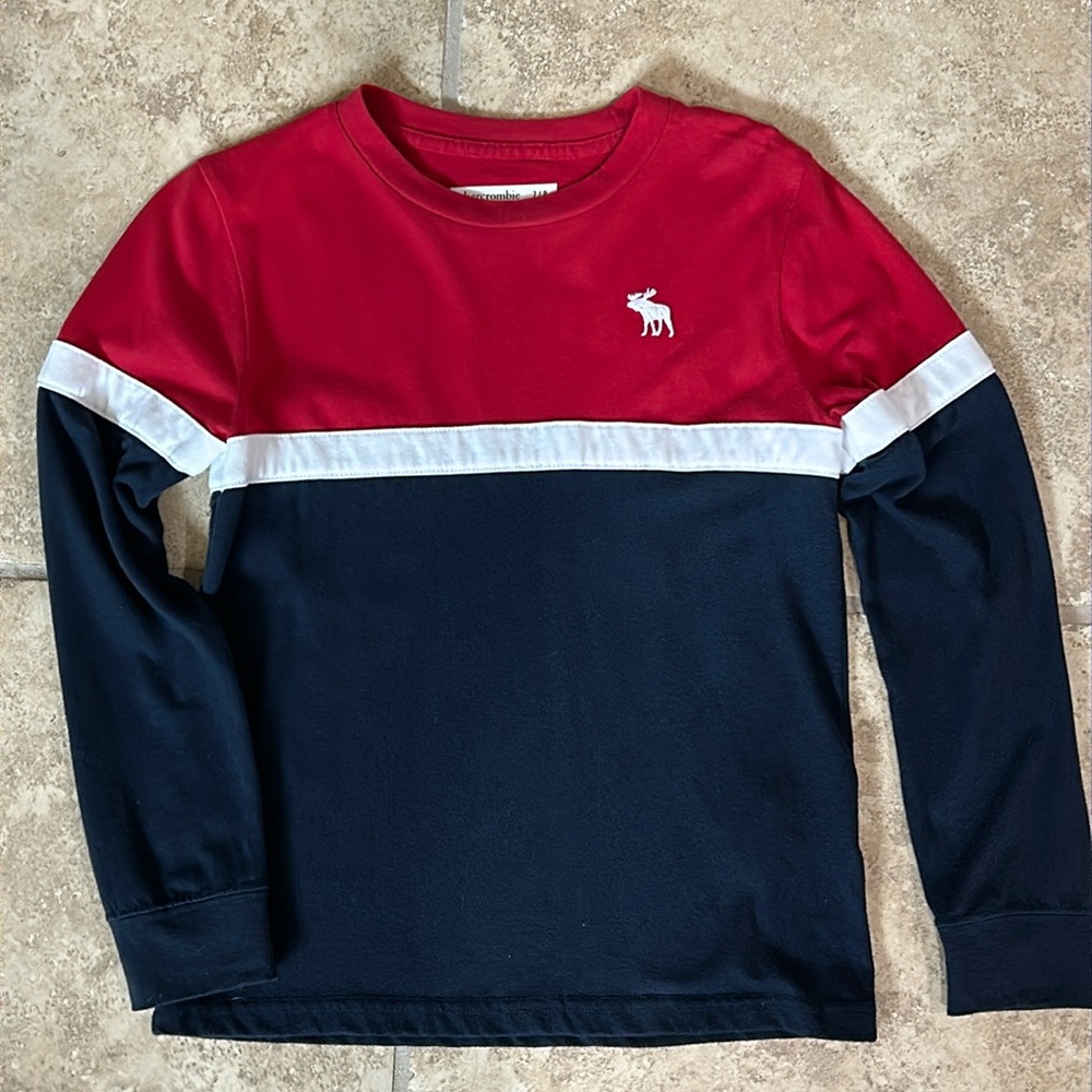 Boys Abercrombie Kids Color Block Patriotic Red White Blue Long Sleeve Shirt EUC